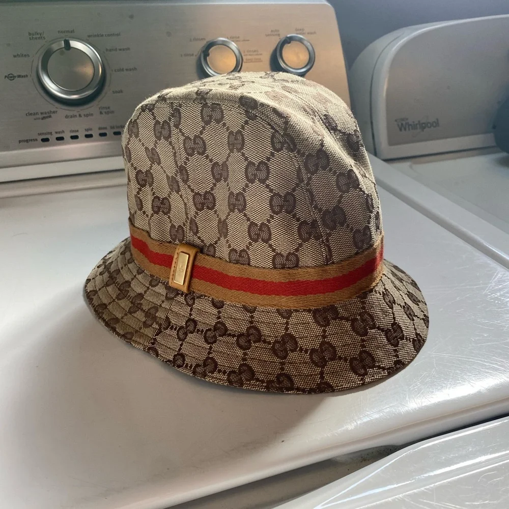 Gucci Monogram Bucket Hat with Orange Stripe